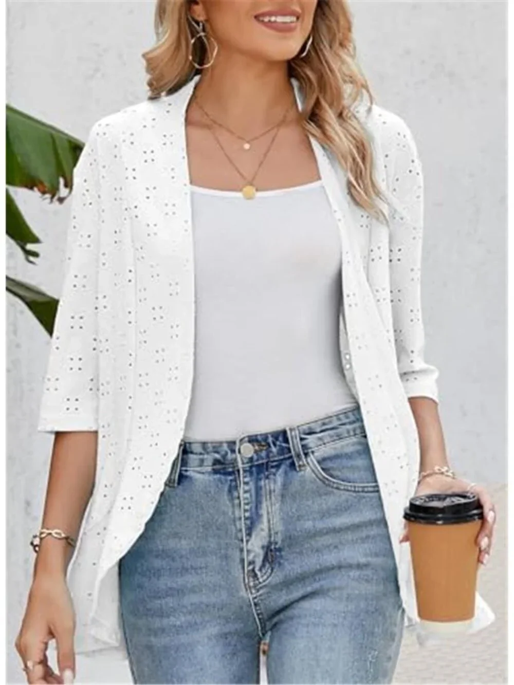 Womens Crochet Cardigan Lightweight Knit Open Front Half Sleeve Summer Sweater